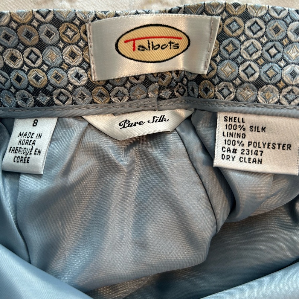 Talbots 100% Pure Silk Geometric Patterned Pants size 8, Blue/Gray, Luxury - Picture 2 of 8
